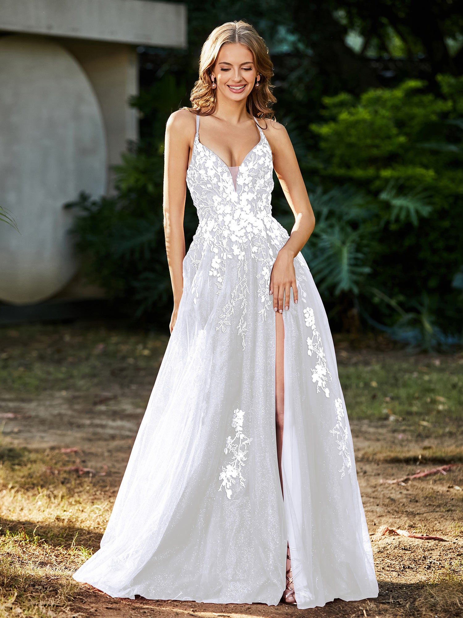 A-line V-neck Lace Up Tulle Gown White